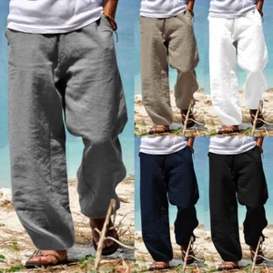 Men's Beach Natural Cotton Linen Pants Summer Relaxed Fit Solid Color Trousers - Picture 1 of 16