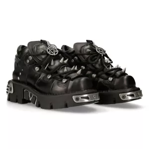 Neu Rock 110-S1 Unisex schwarze Lederstiefel Rock Gothic Emo Nieten Low Biker Stiefel - Bild 1 von 9