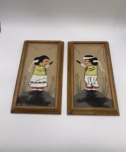 Pair Of Vintage Framed Navajo Sand Art Paintings Make & Female By R Lee - Picture 1 of 12