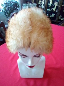 Vtg Tuscan Lamb skin Fur Hat Fuzzy Cream-rust Shearling Made In Italy Mod - Picture 1 of 8