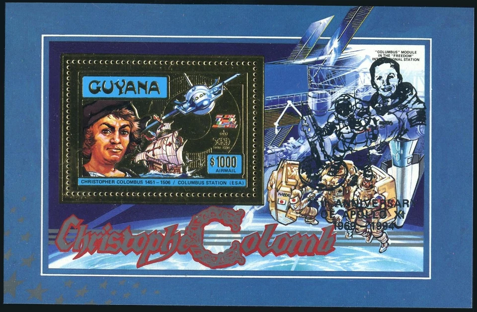 Guyana Columbus gold souv.sheet,MNH. Discovery of America-500.Moon landing,25. - Image 1 of 1