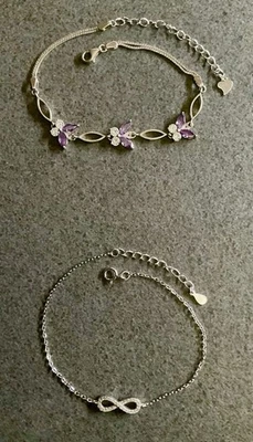 "2 delicadas pulseras de ley mariposa con piedras púrpuras 7-8,5"" e infinito 6,5-7,5""" Foto 1 de 4