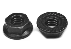 Hex Flange Nut, Serrated, Black Zinc Plated, Grade 5, 1/4"-20, 3/8" -16, 1/2"-13 - Picture 1 of 5