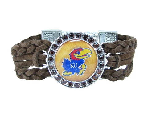 Kansas Jayhawks Multi Braided Brown Leather Crystal Bracelet Jewelry Blue KU Cover