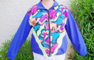 80s Nylon Jacket VTG Hot Dayglo Geometric Coat Windbreaker USA Long Sleeve - Picture 1 of 4