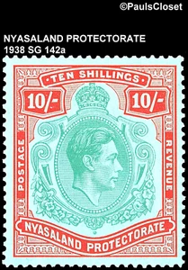 NYASALAND PROTECT 1938 SG 142a KING GEORGE VI 10/- RED & GRN ON GRN PAPER MNH - Picture 1 of 2