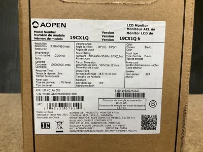 AOpen 19CX1Qb 19" LED LCD Display WHD UM.XC1AA.001 ✅❤️️✅❤️️ NEW! Open Box! - Image 1 of 4
