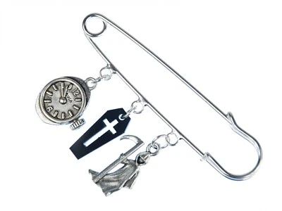 Broche de Halloween de 3 piezas prendedor de seguridad reloj de la muerte mecanismo de relojería ataúd guadaña horror Foto 1 de 4