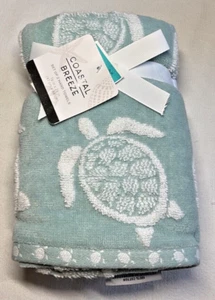 Coastal BREEZE TURTLES BLUE WHITE HAND TOWELS 100% Cotton Plush NWT - Picture 1 of 2