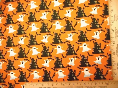 Tela de Halloween por yarda fantasma murciélago negro casa espeluznante algodón naranja polvoriento C Foto 1 de 2