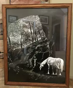 Fantasy Poster~Unicorn~Excalibur~White on Black~Framed~17½" x 21½" - Picture 1 of 4