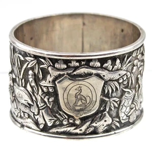 Chinese Export Sterling Silver Armorial Dog Whippet Greyhound Crest Napkin Ring - Picture 1 of 7