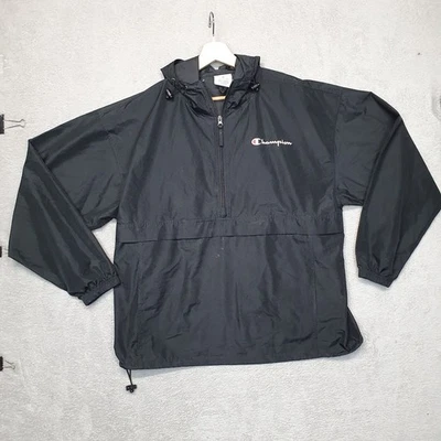 Champion Windbreaker Jacket Men XL Extra Large 1/2 Zip Hooded Solid Black - image 1 of 4