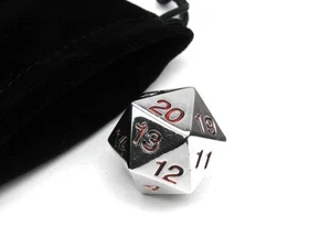Large 22mm Zinc Metal Alloy Countdown D20 Dice with Black Pippd Bag- Red Numbers - Picture 1 of 5