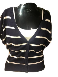 TWENTY ONE Womens Short Sleeve Navy Blue w/ White Stripes Cardigan Sweater Sz S - Picture 1 of 8