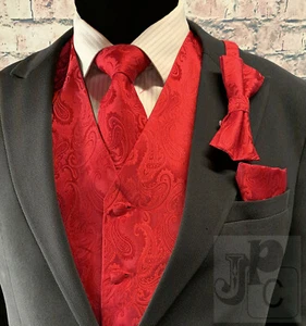 RED MEN Paisley Design Dress Vest / NeckTie / Pre-tied Bow tie / Pocket Square - Picture 1 of 6