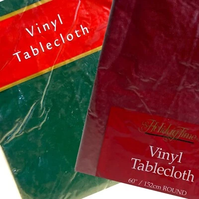 1 Dark Green And 1 Red Vinyl Round 60” Tablecloth Easy Care Wipe Clean - Image 1 of 4