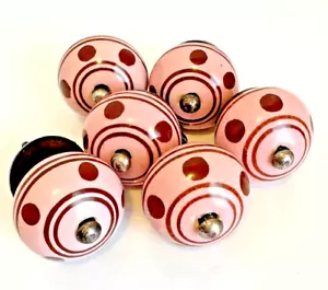Six Drawer Knobs Cabinet Vintage Pink Polka Dots Stripes Brown Porcelain 1.5" - Picture 1 of 22