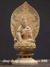 12" Chinese Boxwood Wood 4 Arms Guan Yin Goddess Avalokiteshvara Buddhism Statue
