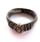 Tribal Silver Cuffed Hinged Bracelet South India Embossed Locking Screw Oval
