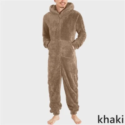Men's One-piece Pajama Coral Fleece Jumpsuit Sleepwear Hooded Zipper Pocket - Image 1 of 4