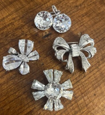 Vintage Swarovski Brooch Pin Earrings Pendant Lot Signed 925 Crystal Swan  4Pc - Image 1 of 4