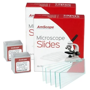 AmScope 144 diapositivas de microscopio en blanco prelimpiadas + 200 22x22 mm cubierta cuadrada de vidrio - Imagen 1 de 7