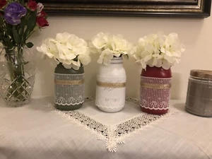 Shabby Chic Hand Painted Quart Sized Mason Jar With Lace & Gold Ribbon - 1 Jar - Picture 1 of 8