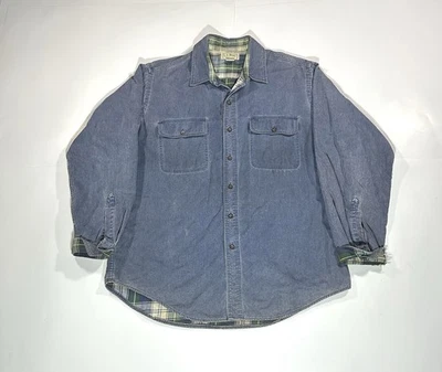 Vintage LL Bean Shirt Jacket Denim Flannel Lined Mens Large USA 1990s Distressed - Image 1 of 4