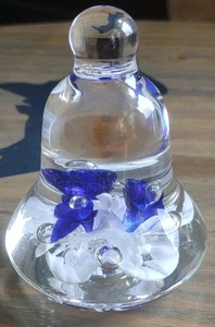 Joe Rice 2000 Bell Paperweight Blue Trumpet Flowers Art Glass Controlled Bubbles - Picture 1 of 4