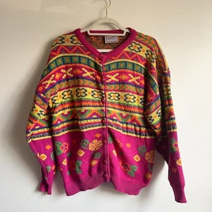 Vintage 90s Pink Colourful Knit Cardigan, Woman’s Size Large - Picture 1 of 15