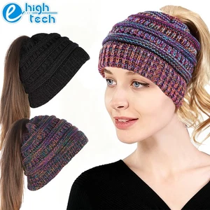 Winter Women Girls Ponytail Beanie Hat Outdoor Warm Stretch Cable Knitted Cap - Picture 1 of 13