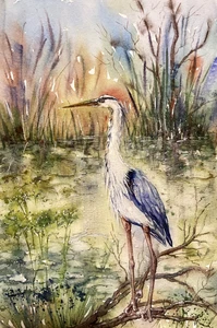 Great Blue Heron Watercolor Original Lake Landscape Bird Painting Signed - Picture 1 of 2