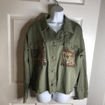 By Together Women's Oversized Floral Denim Jacket Army Green ~ Size S - Image 1 of 4