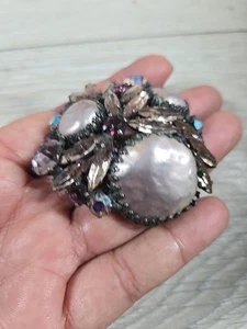 Atemberaubende Vintage Brosche weiß rosa Strass bronzefarben Anstecknadel - Bild 1 von 11