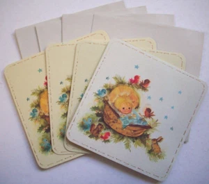 4 tarjetas de felicitación de Navidad Biggerstaff bebé pájaro ardilla conejito sin usar sello - Imagen 1 de 4