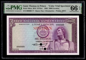 Saint Thomas & Prince 1964 - 1000 Escudos **Color Trial Specimen** PMG UNC 66 - Picture 1 of 2