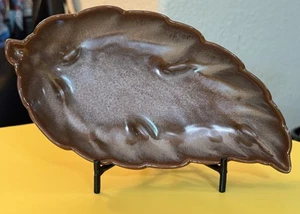 EC! Vintage Frankoma Brown Satin Pottery Leaf Footed Dish 225 Trinket Candy Tray - Picture 1 of 6