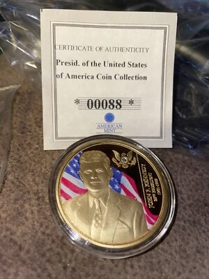 40mm 2019 American Mint Coin Medallion John F Kennedy JFK Gold Plated Swarovski - Image 1 of 4