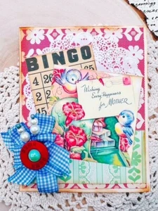 Biglietto FABBRICATO A MANO vintage retrò uccellino FELICITÀ PER LA MAMMA festa della mamma shabby chic - Foto 1 di 2