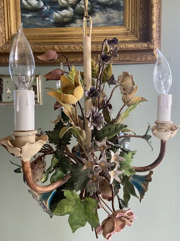 Italian 1940s tole bouquet flowers roses chandelier Rewired, Swag Light Cover