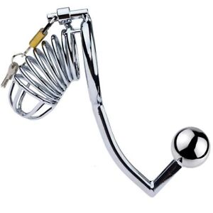 3.75 inch Metal Male Chastity Cage Lock Device & Anal Plug Cock Bondage Sex Toy