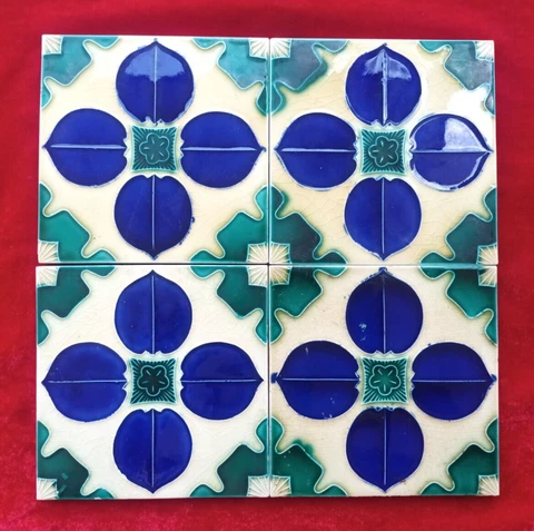 4 Piece Set Flower Design Embossed Old Art Majolica Ceramic Tiles Japan 0382 Cover