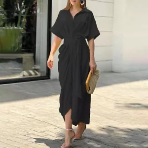 Women Short Sleeve Shirt Dress Office Ladies Button Down Loose Midi Dresses Size - Picture 1 of 16