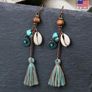 Vintage Women Bohemian Earrings Aged Bronze Wood Bead Shell Tassel Hook 1341 - Picture 1 of 6