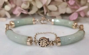 Estate 14k Yellow Gold Natural Green Jade Chinese Bracelet 19.6g 7 1/4" - Picture 1 of 15