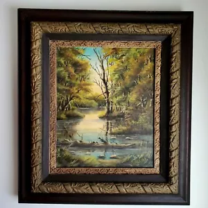PITTURA PAESAGGIO OLIO VINTAGE SU TELA FIUME NEL BOSCO AL CREPUSCOLO ARTISTA FIRMATO - Foto 1 di 12