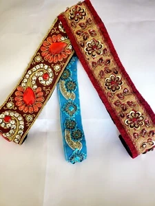 Set of 3 Embroidered headbands,red,maroon,turquoise Blue,stretch,party,wedding - Picture 1 of 7