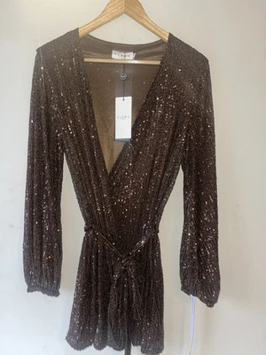 Club L London Chocolate Brown Sequin Wrap Mini Dress Size 8 BNWT - Image 1 of 4