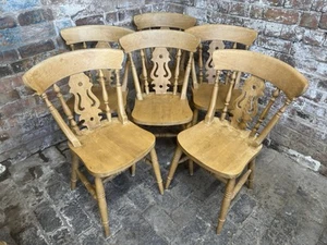 Vintage Farmhouse Pine Dining Chairs Country Kitchen Fiddle Back Chairs Set Of 6 - Picture 1 of 24